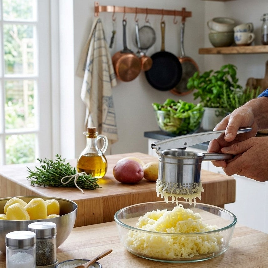 Stainless steel potato masher ricer press for making smooth mashed potatoes, fruits, and baby food. 