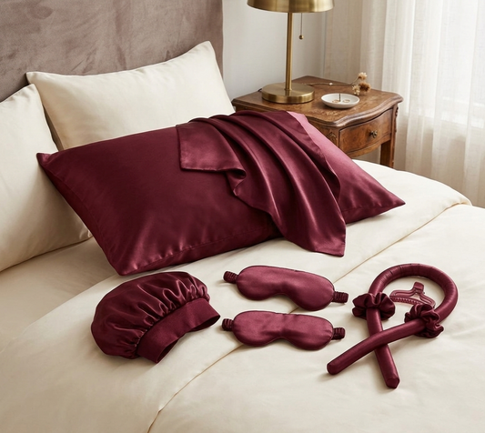 7-in-1 Silk night set for ladies including pillowcase, eye mask, hair bonnet, clips, and hairbands