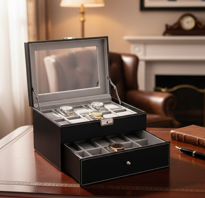 Leather 20-slot watch organizer with lock for safe and elegant display of watches and jewelry