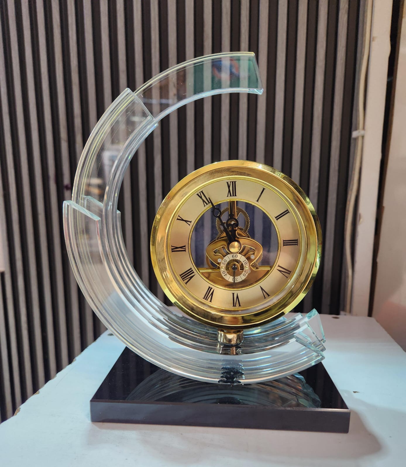 Widdop Gold Arch Mantel Clock with Crystal Glass Frame and Skeleton Dial