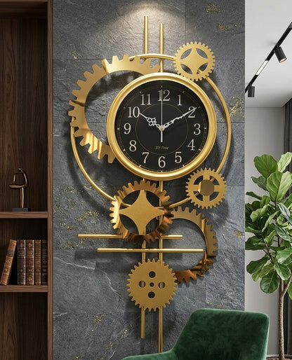 Decorative wall clock with exposed gears design, industrial-modern style for home or office décor.