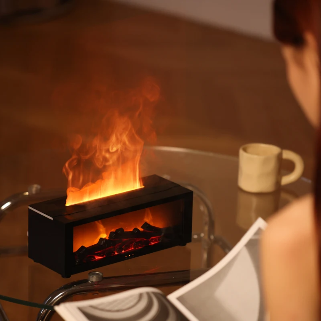 Fireplace flame aroma diffuser humidifier 300 ml with remote, LED colors, and essential oil, black design. 