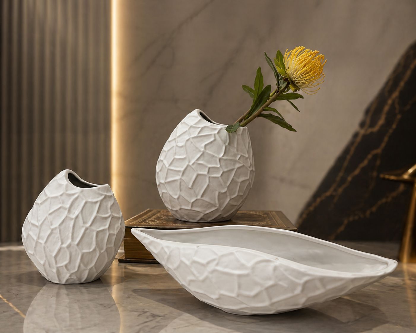White abstract sculptural 3 piece decorative set for modern minimalist home décor