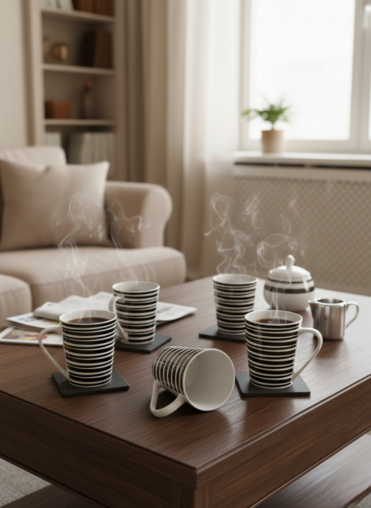 Six-piece ceramic mug set for tea and coffee use.