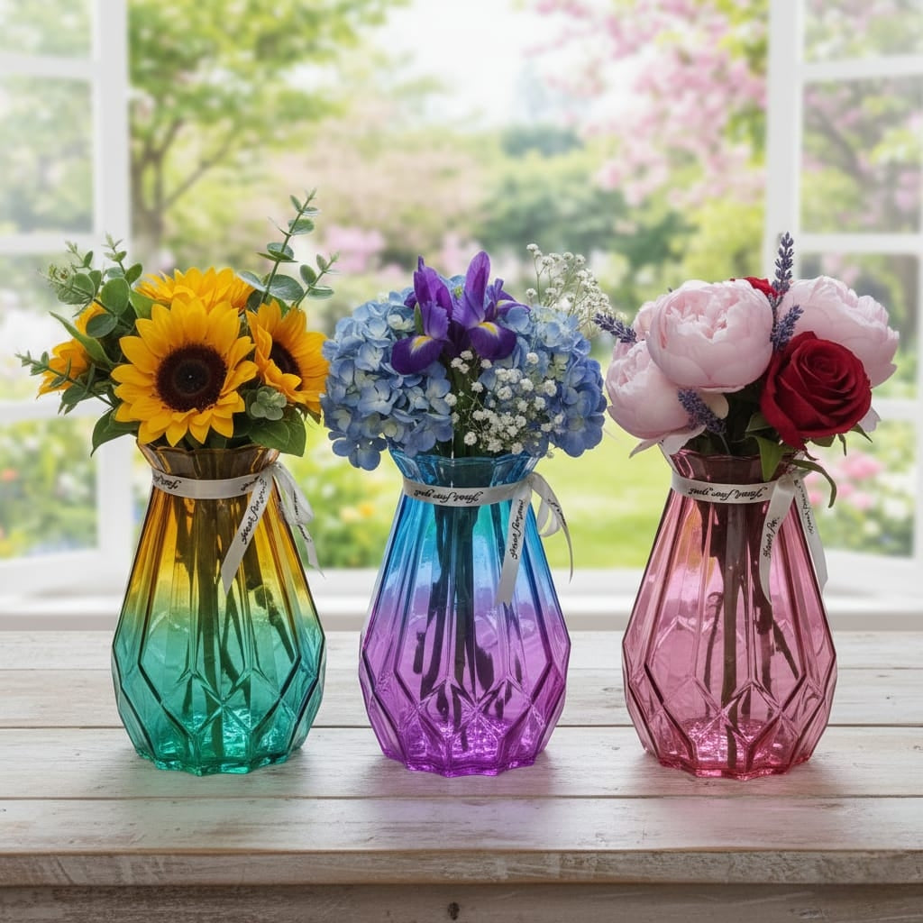 3Pcs Diamond Pattern Colored Glass Vase Set