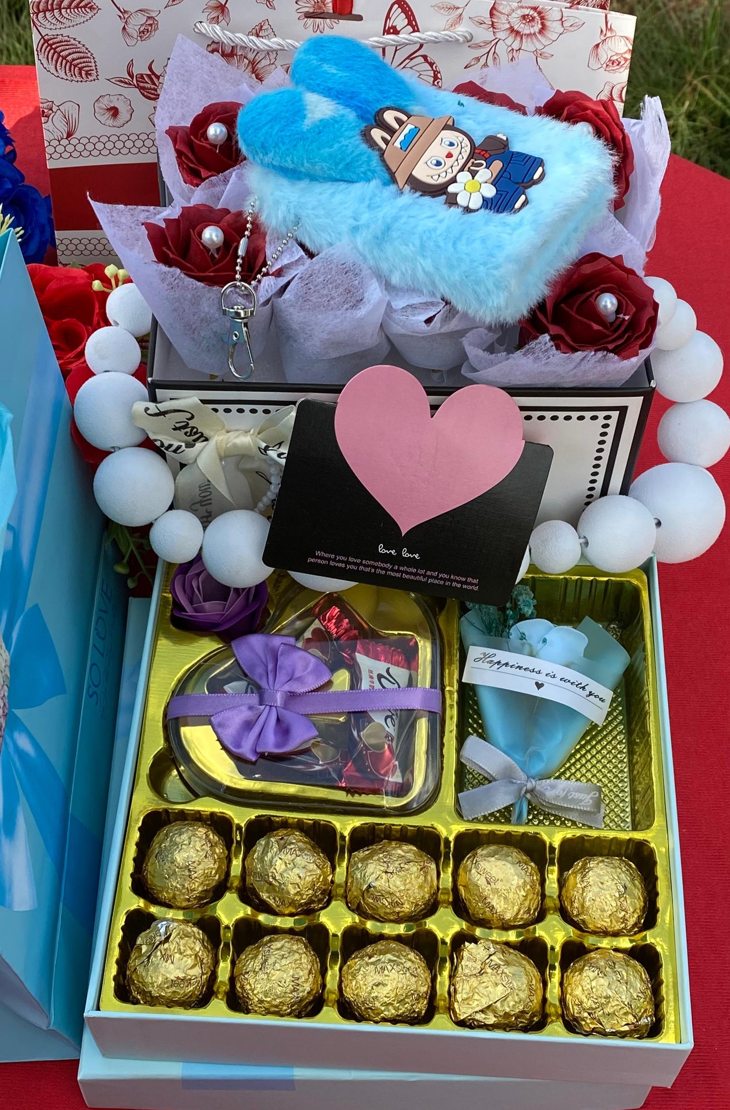 Hot Valentines ladies gift set with notebook, eternal flower pack, premium chocolates, gift card, and gift bags