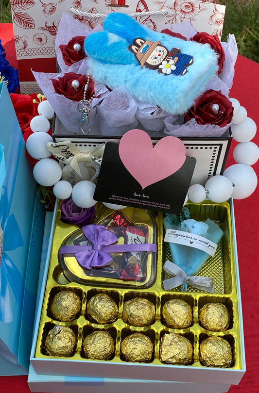 Hot Valentines ladies gift set with notebook, eternal flower pack, premium chocolates, gift card, and gift bags