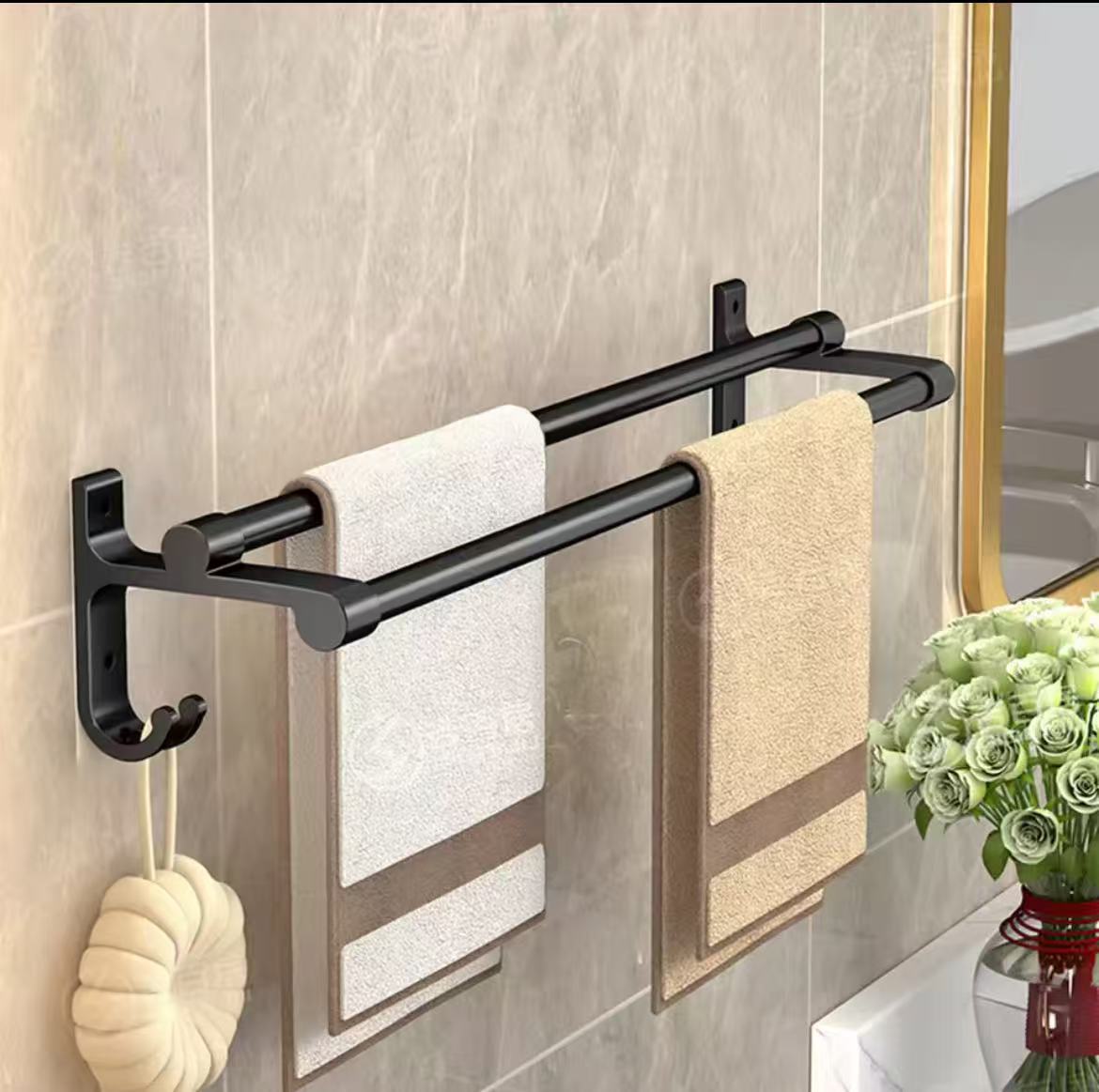 Punch-free wall-mounted towel rack with hooks for bathroom or kitchen