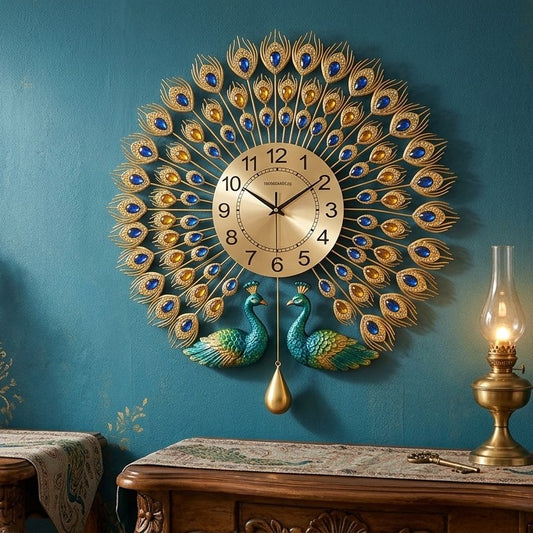 Double head peacock wall clock measuring 70 cm with elegant decorative design for home and office décor.