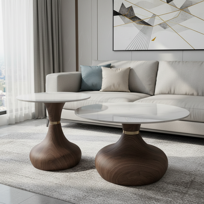 Marble Top Nesting Coffee Table Set with Brown Finish Metal Base