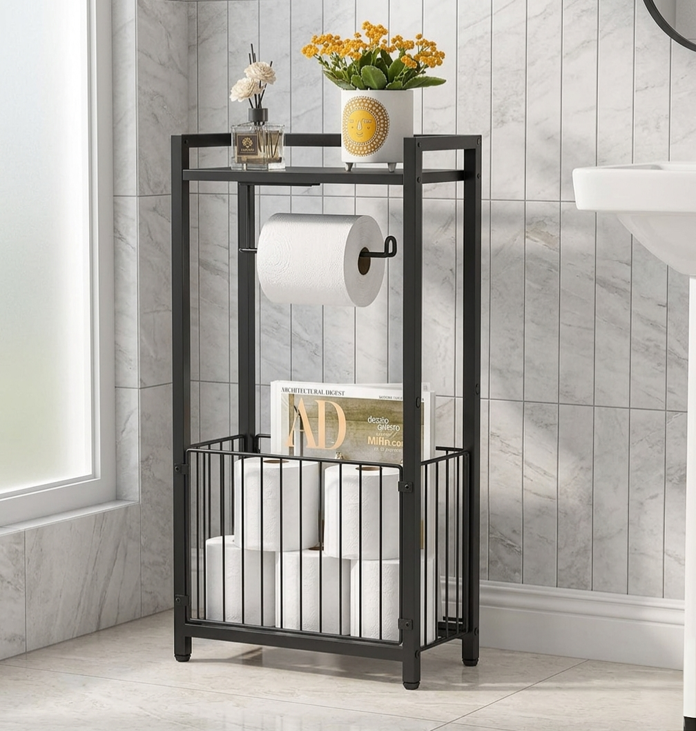 Black metallic toilet paper holder with storage shelf