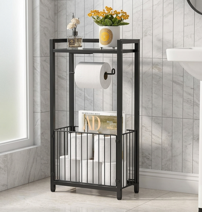 Black metallic toilet paper holder with storage shelf
