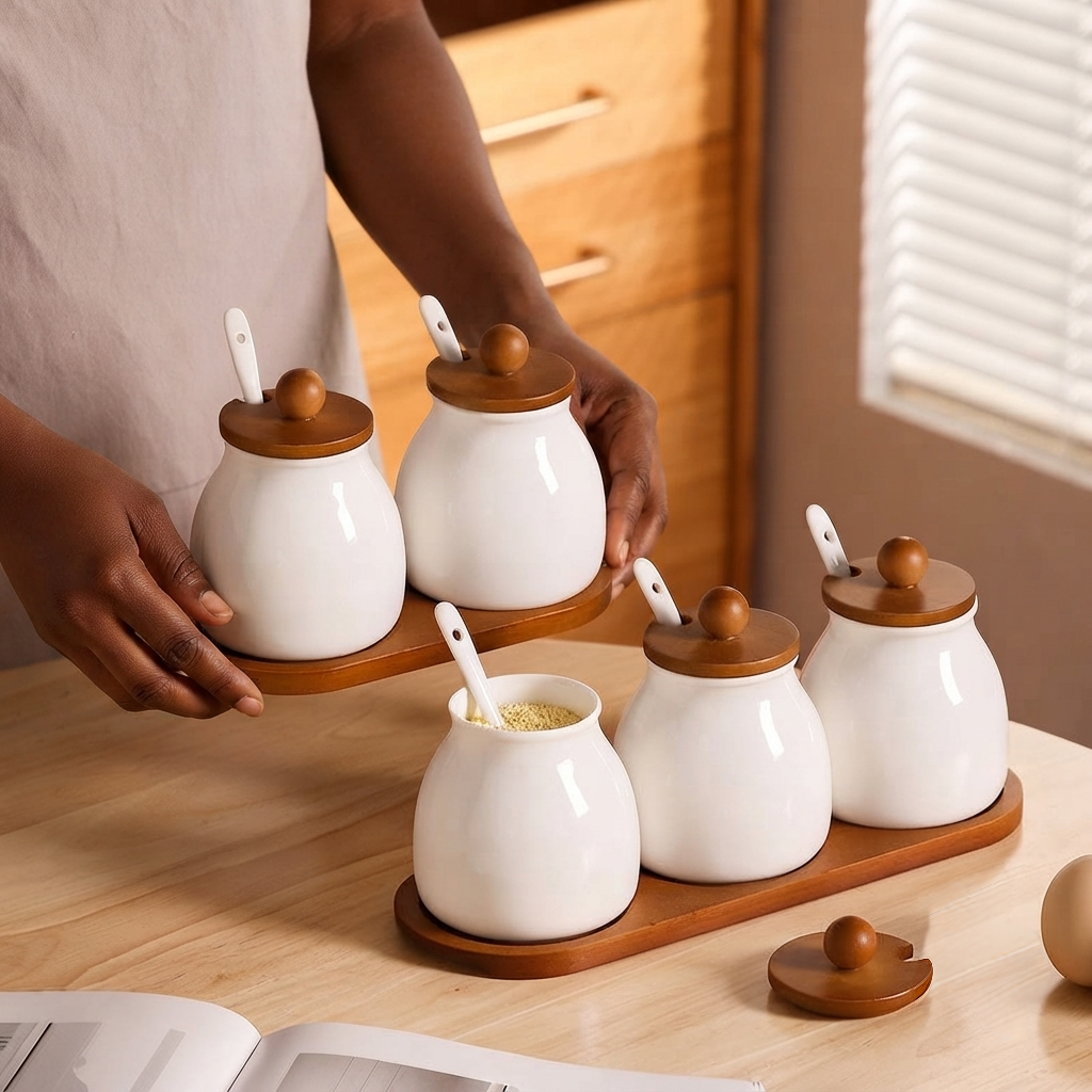 3 piece ceramic kitchen canister set with bamboo base and scoops, 480ml each