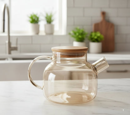Clear borosilicate glass tea pot with bamboo lid, 1 liter capacity.