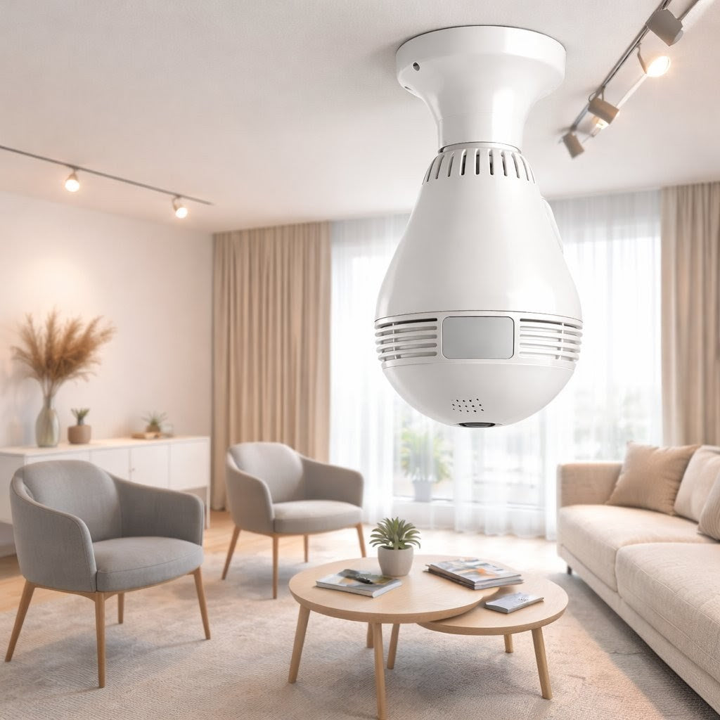 360-degree panoramic smart bulb CCTV nanny camera with night vision for home monitoring.