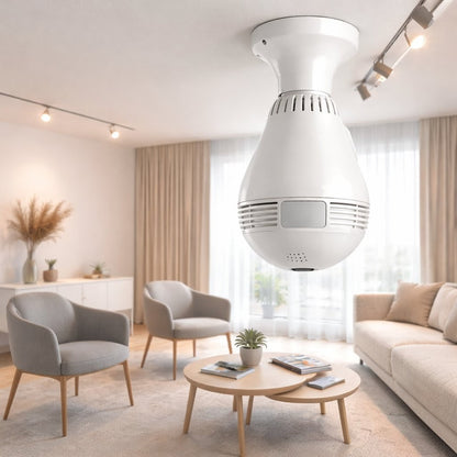 360-degree panoramic smart bulb CCTV nanny camera with night vision for home monitoring.