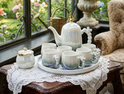 Gemelli Colllection 12pc gold deer lid accent tea set white porcelain luxury tea set ribbed design teapot cups sugar bowl serving tray elegant tea service set for home café Airbnb gifting