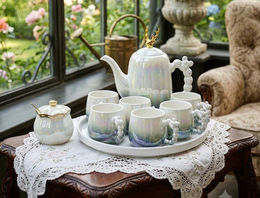 Gemelli Colllection 12pc gold deer lid accent tea set white porcelain luxury tea set ribbed design teapot cups sugar bowl serving tray elegant tea service set for home café Airbnb gifting