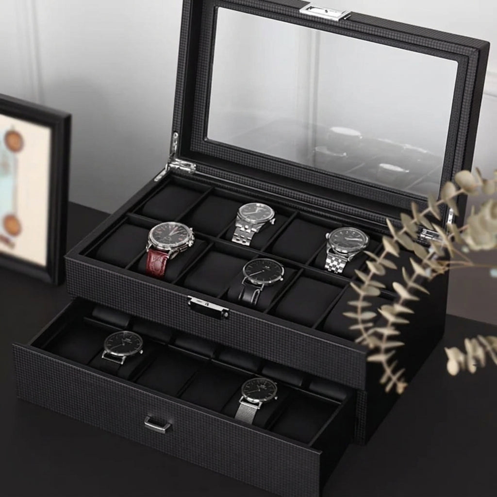 24 Slots Leather Watch Organizer Jewellery Storage Case with Lock