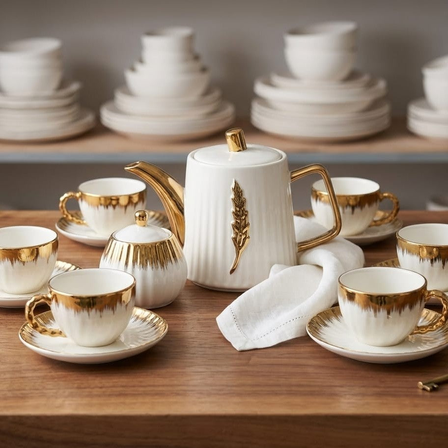 14pc Gold Detail Ceramic Tea Set
