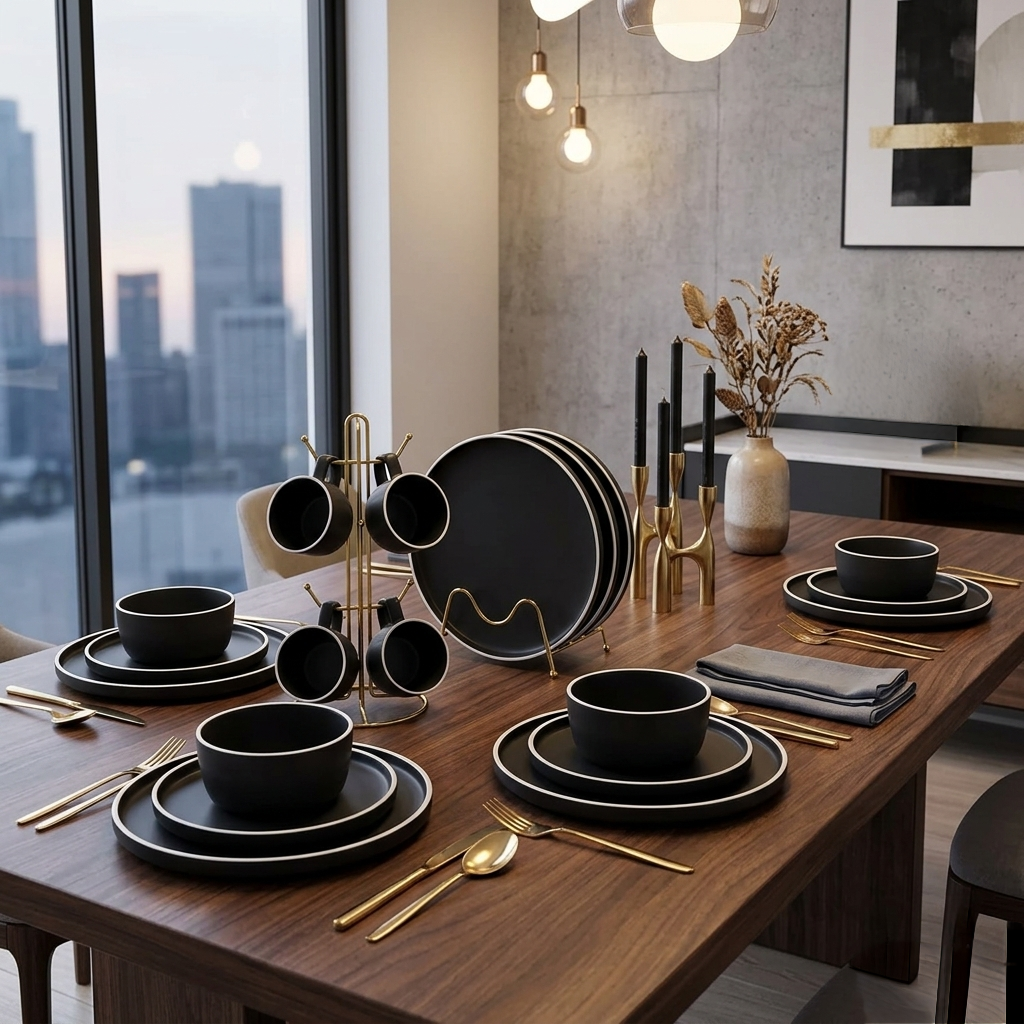 24 Piece Matte Black Dinner Set