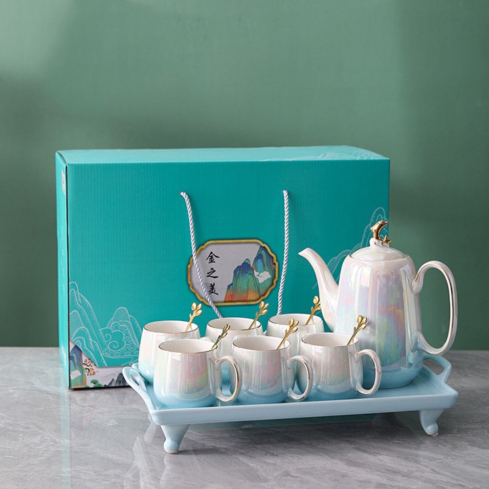 Ceramic Tea Set with Tray (6 Cups + 1 Teapot)