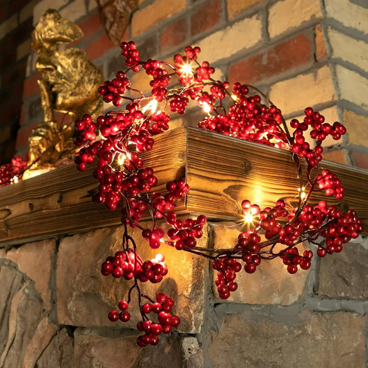 1.8M red berry Christmas garland with warm LED lights for holiday decoration