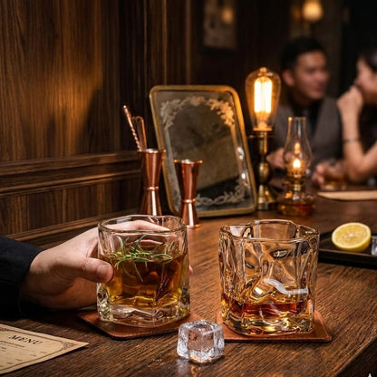 Set of 6 wavey short drinking glasses with 300ml capacity for stylish beverage serving. 
