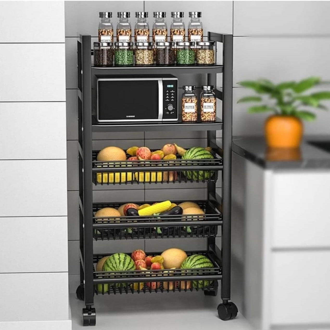 5 layer black kitchen storage rack with lockable wheels, detachable baskets, and microwave storage shelves. 