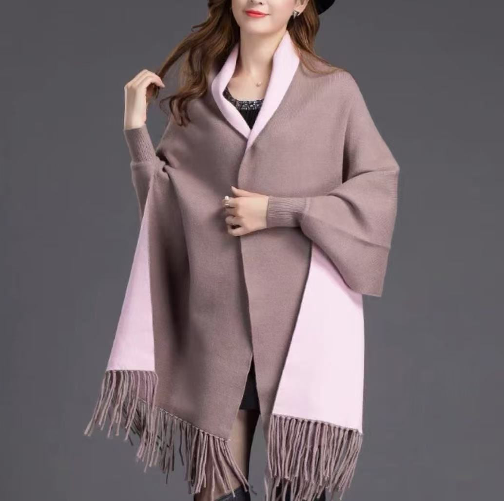 Plain Double Sided Long Sleeve Poncho Shawl