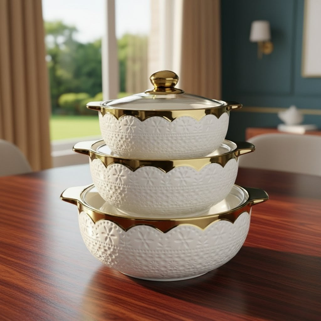 3in1 Ceramic Soup Pots White Gold