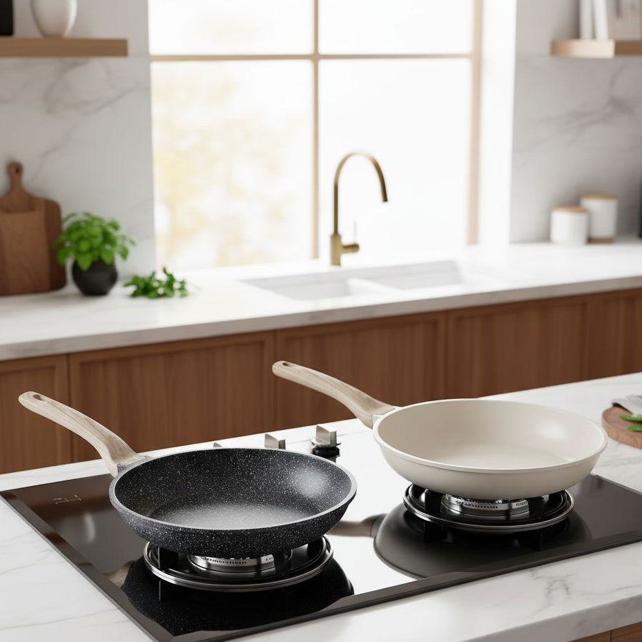 28cm Granite non-stick frying pan with wood-effect handle in black and beige for everyday cooking