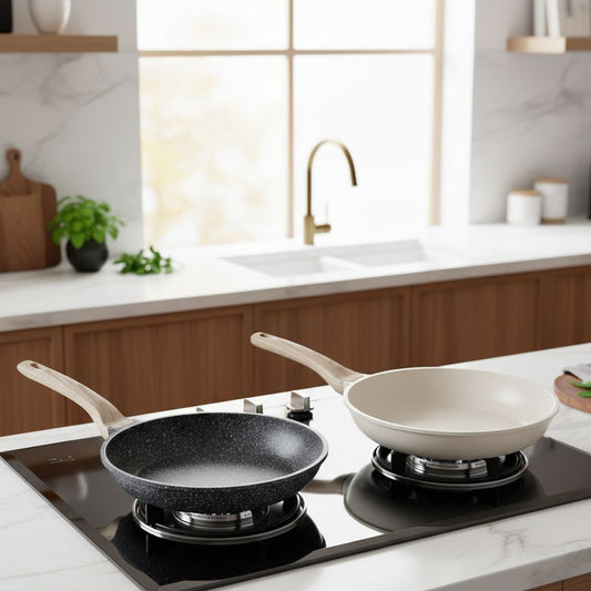28cm Granite non-stick frying pan with wood-effect handle in black and beige for everyday cooking