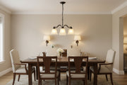 Black chandelier with 5 E27 bulbs and frosted glass shades, modern iron ceiling light for stylish interiors. 