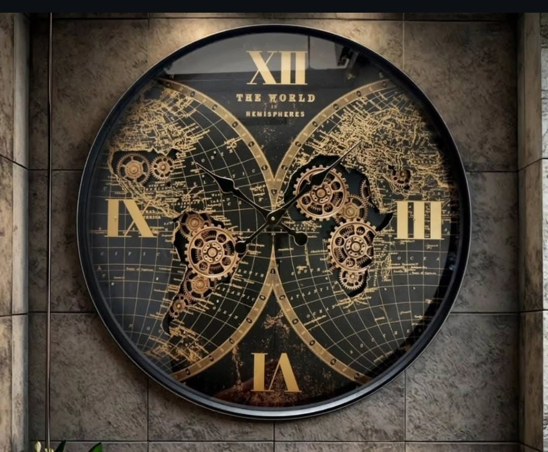 60cm World Map Gear Wall Clock