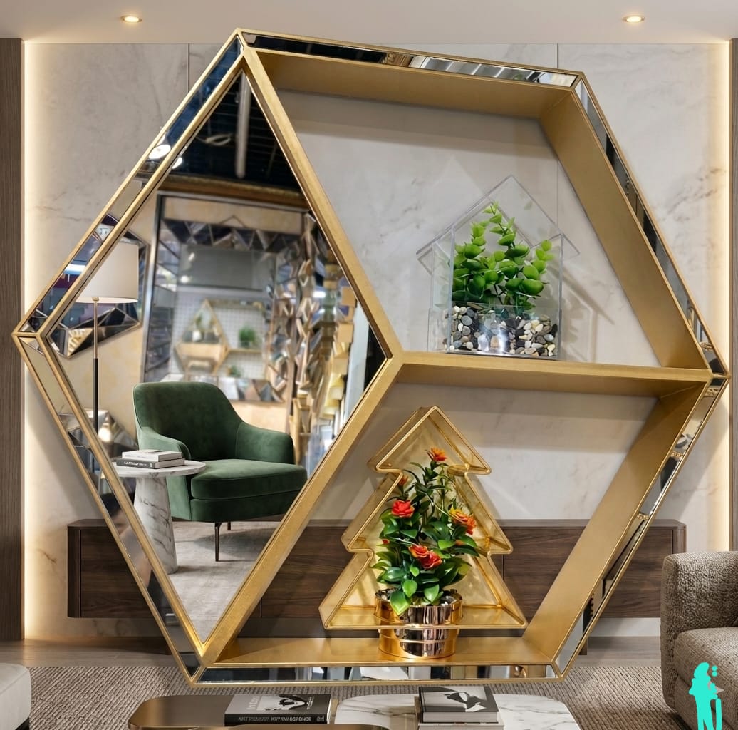 Gold Hexagon Wall Mirror with Display Shelves