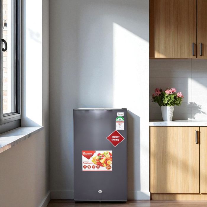 silver 85l single door fridge with lock, glass shelf, and freezer compartment