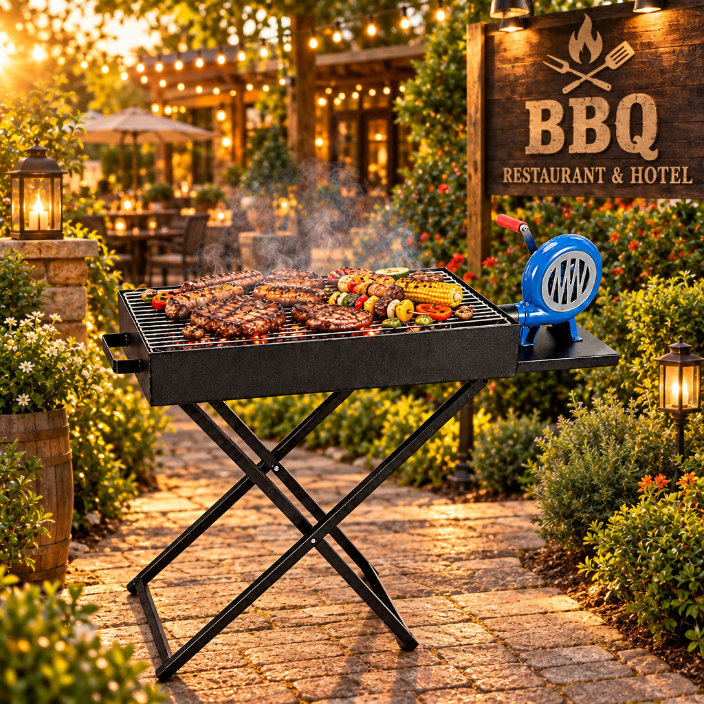 Outdoor Folding Charcoal BBQ Grill with Manual Air Blower