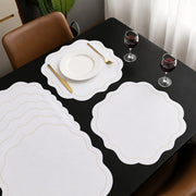 6 piece 38 cm round faux leather PVC dining table mats with heat insulating, waterproof, non slip, and easy clean surface.