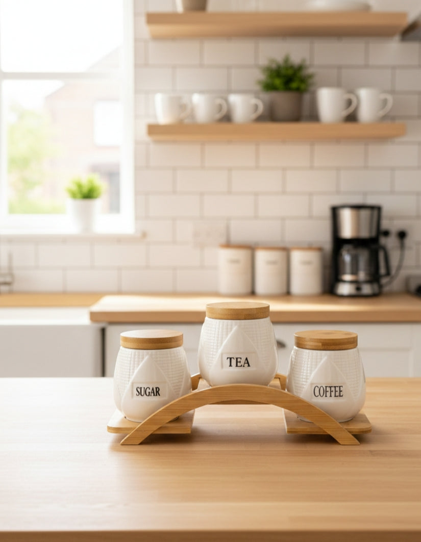 Ceramic tea, sugar, and coffee canisters with bamboo lids.