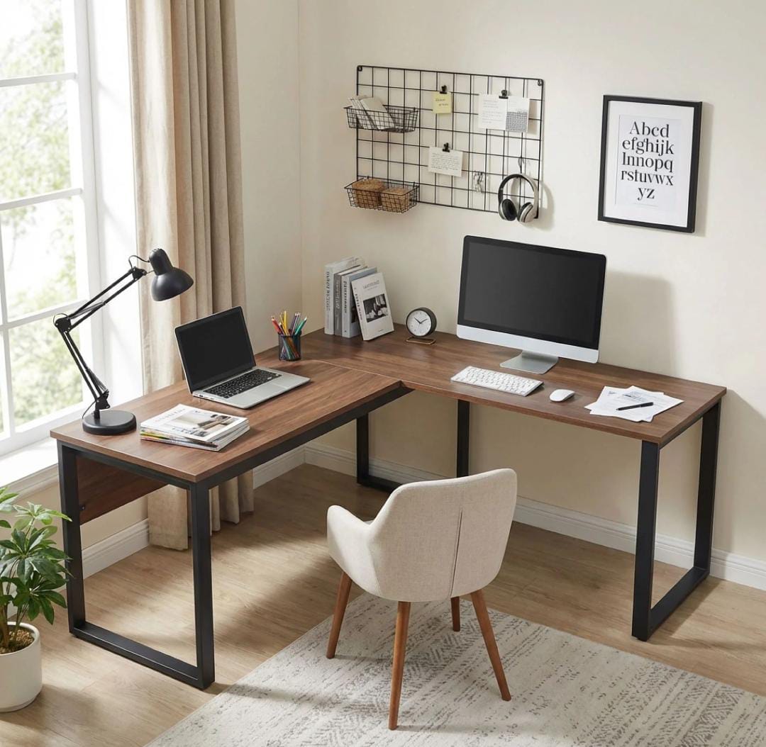 L-shaped Corner desk with wooden top and metal frame