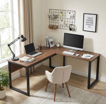 L-shaped Corner desk with wooden top and metal frame