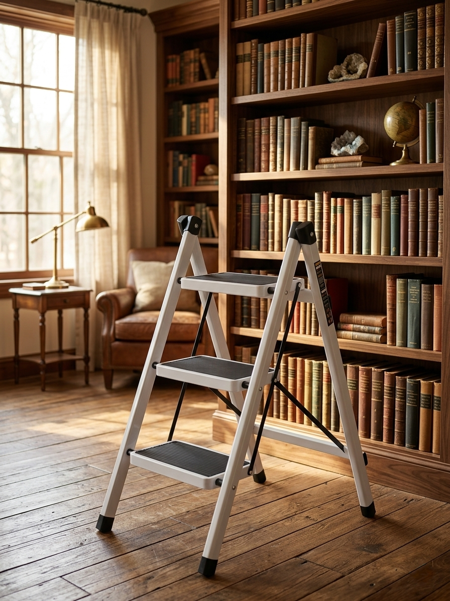 White 3 layer metallic folding ladder for home and office use