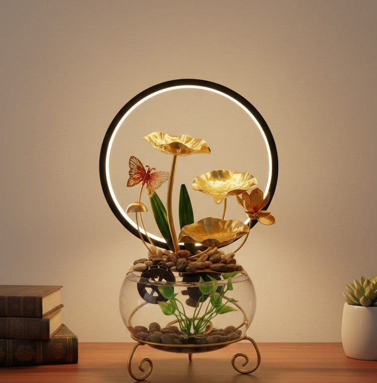 LED electric mini water fountain in a clear glass pot for indoor décor and relaxation