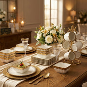 24 piece dinner set with gold rim including plates, side plates, bowls, and cups for elegant dining presentation.
