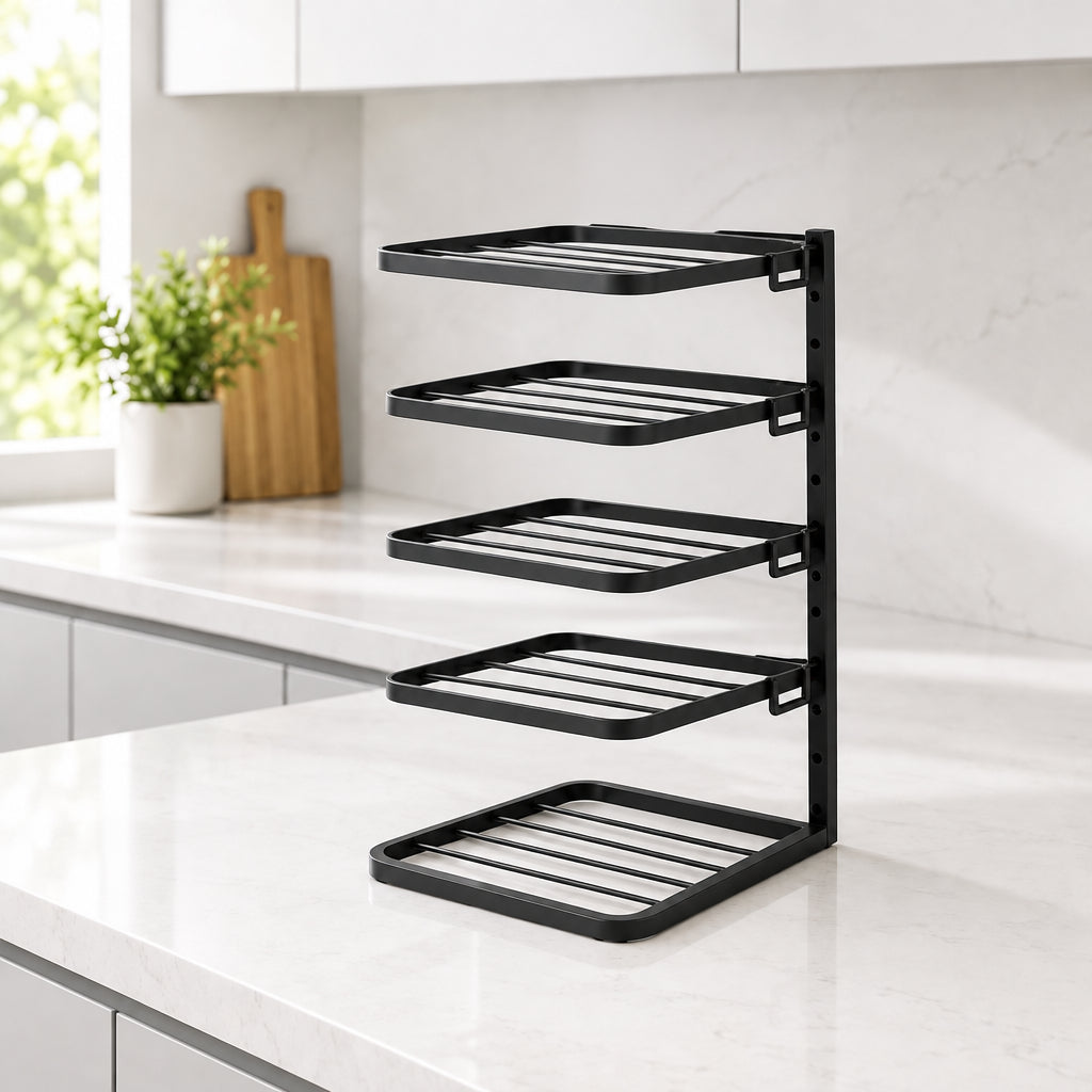 4 layer adjustable black pots rack for storing pots, lids, pans and household items