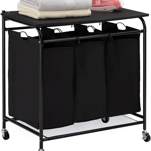 3 Compartment Laundry Basket with Lockable Wheels & Ironing Board