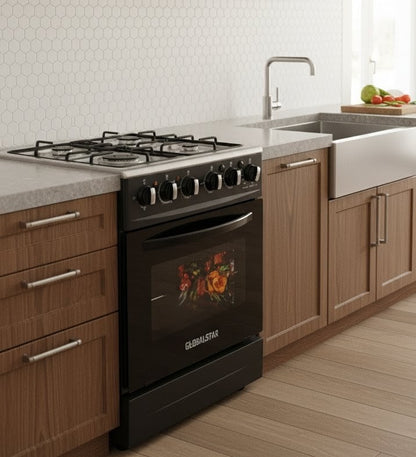 Black 60×60 Globalstar standing cooker with 3 gas burners, 1 electric plate, and electric oven