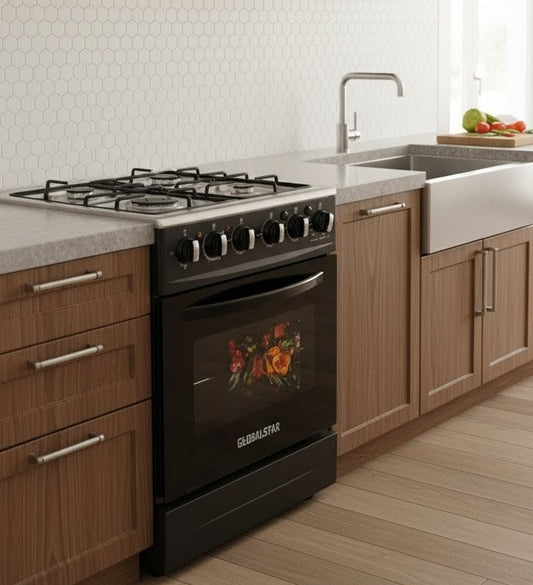Black 60×60 Globalstar standing cooker with 3 gas burners, 1 electric plate, and electric oven
