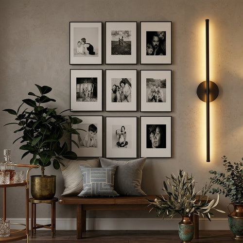 Modern black wireless LED wall sconce with rechargeable design, touch control, and remote operation.